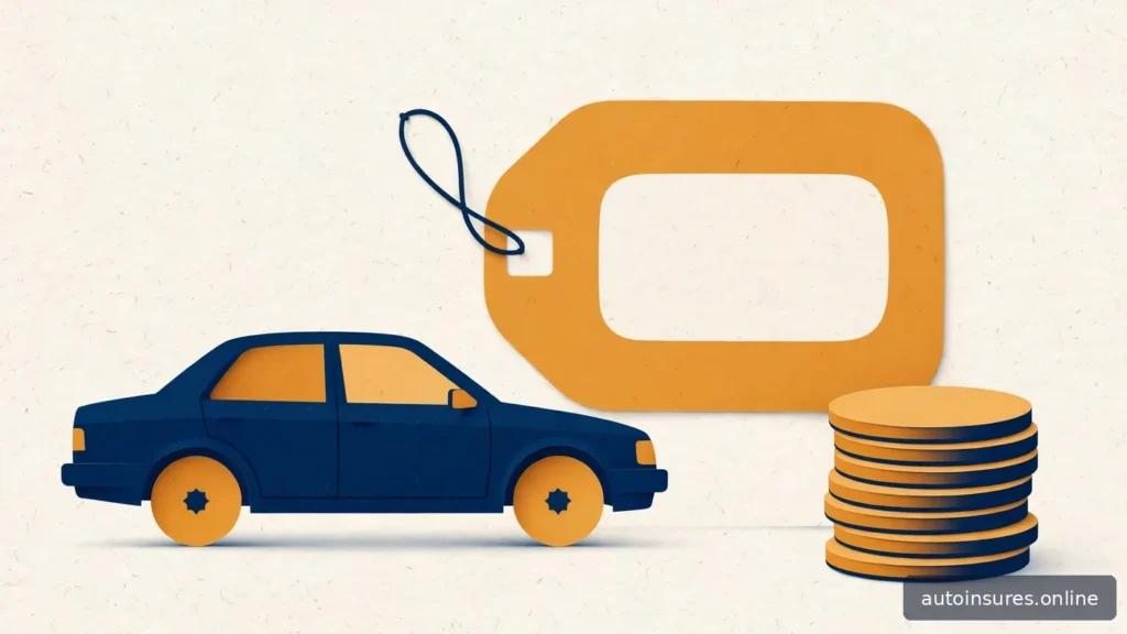 Editorial illustration of a generic sedan beside a large blank price tag and stacked coins in navy and amber tones