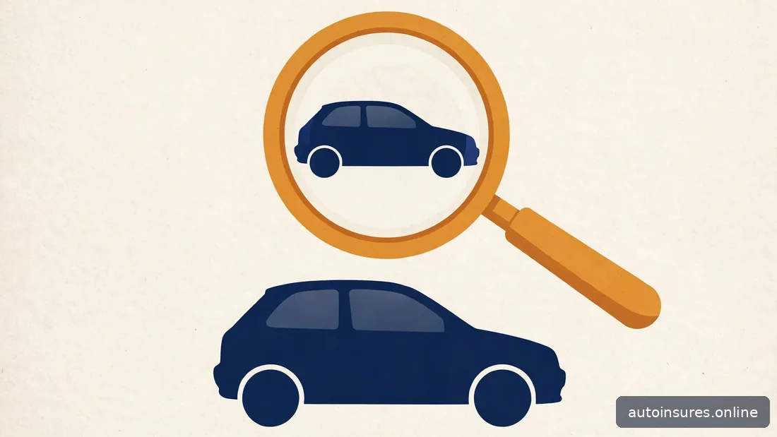Editorial illustration of a magnifying glass over a simple car silhouette, navy and amber palette