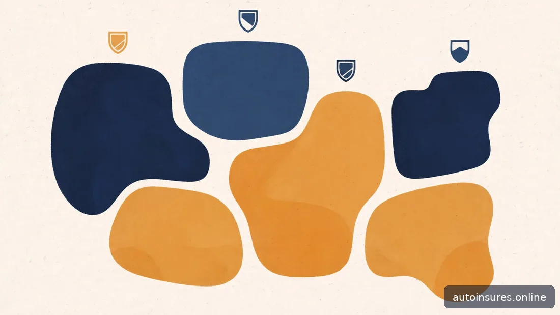 Editorial illustration of an abstract US map with small shield emblems, navy and amber palette