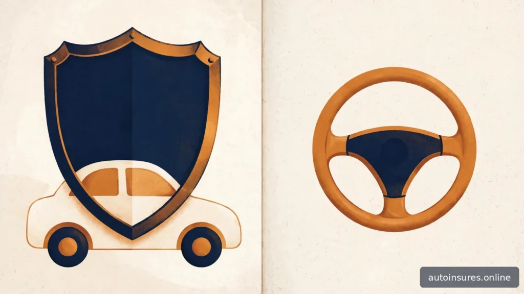 Editorial illustration of a shield covering a car on one side and a bare steering wheel on the other, navy and amber palette