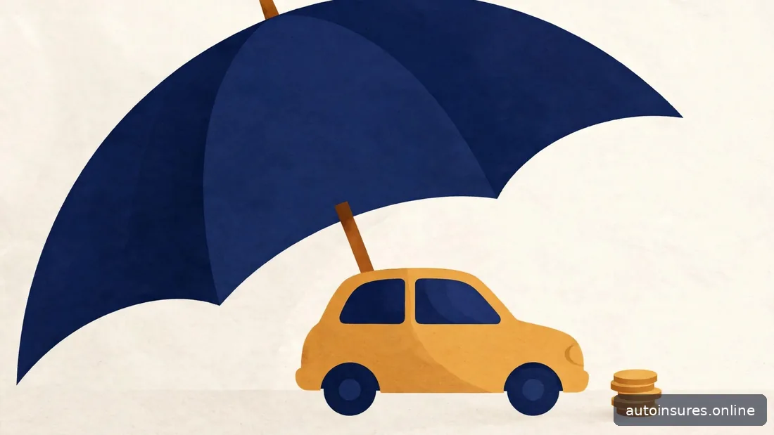 Editorial illustration of an umbrella shielding a generic car while coins sit beside it, navy and amber palette
