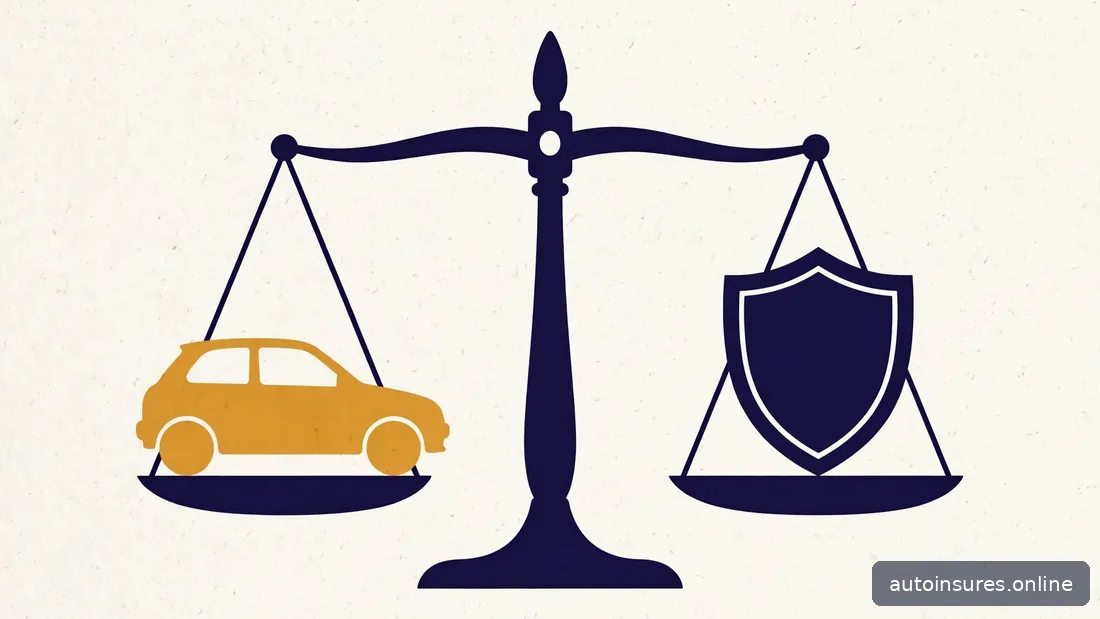 Editorial illustration of a balance scale with a car on one side and a shield on the other, navy and amber palette