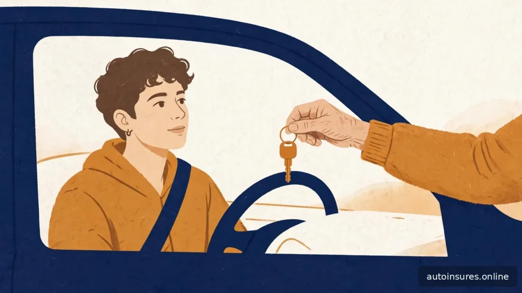 Editorial illustration of a young driver receiving car keys from an older adult beside a generic car, navy and amber palette