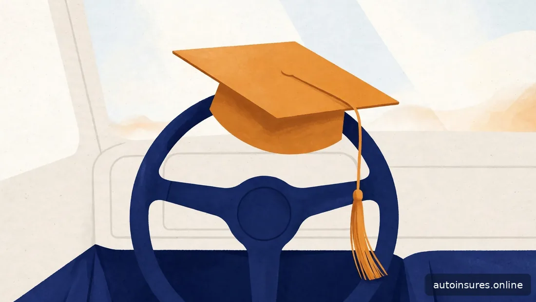 Editorial illustration of a graduation cap resting on a steering wheel, navy and amber palette