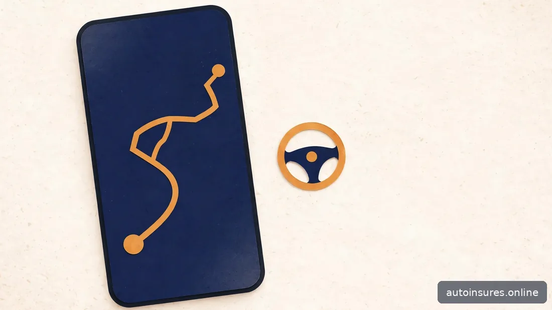 Editorial illustration of a smartphone with a driving route beside a small steering wheel, navy and amber palette