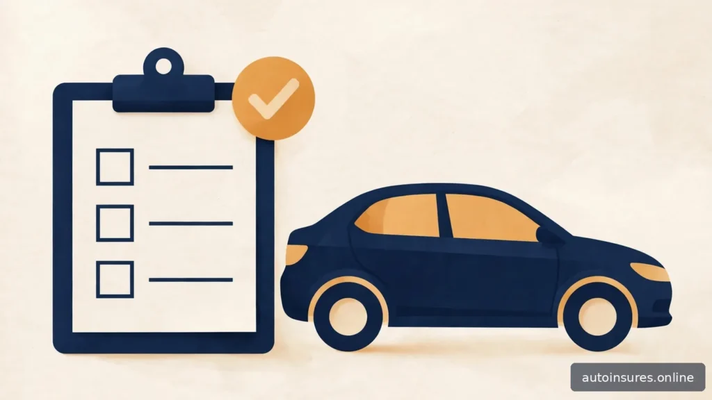 Editorial illustration of a clipboard checklist with a checkmark beside a generic car, navy and amber palette