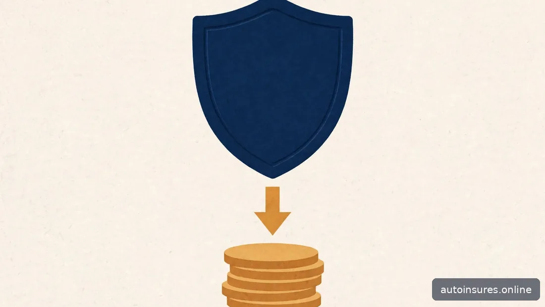 Editorial illustration of a shield with a downward arrow over stacked coins, navy and amber palette