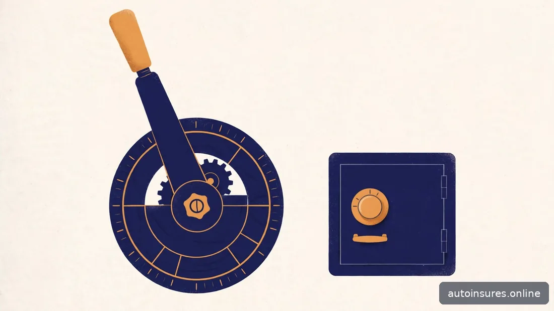 Editorial illustration of a dial being turned up beside a safe box, navy and amber palette