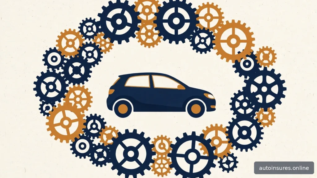 Editorial illustration of interlocking gears surrounding a generic car, navy and amber palette