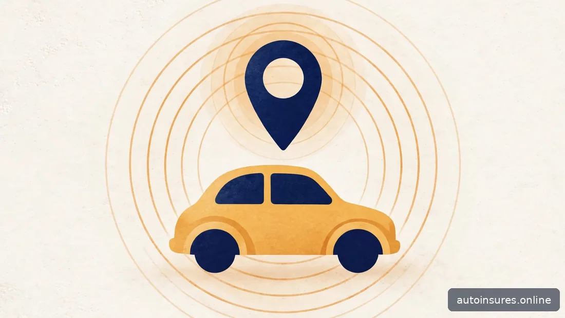 Editorial illustration of a map location pin over a generic car, navy and amber palette