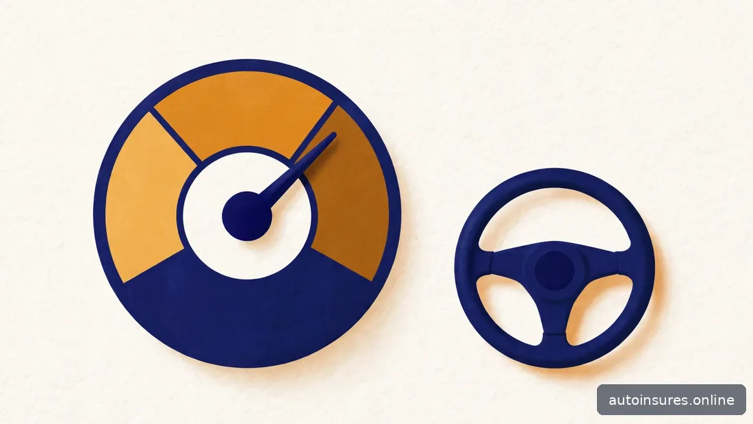 Editorial illustration of a dashboard gauge with a needle beside a steering wheel, navy and amber palette