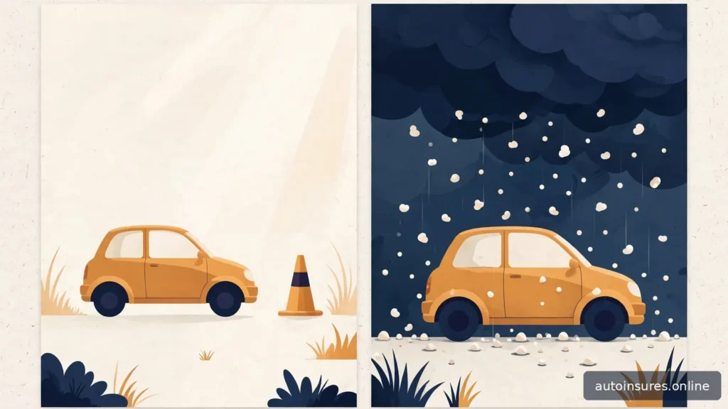 Editorial illustration split between a car facing a traffic cone and a car under a hail cloud, navy and amber palette
