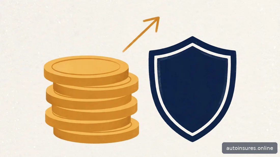 Editorial illustration of stacked coins with an upward arrow beside a shield, navy and amber palette