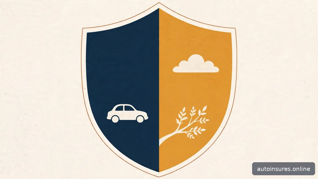 Editorial illustration of a shield split into navy and amber halves with car and cloud symbols, navy and amber palette