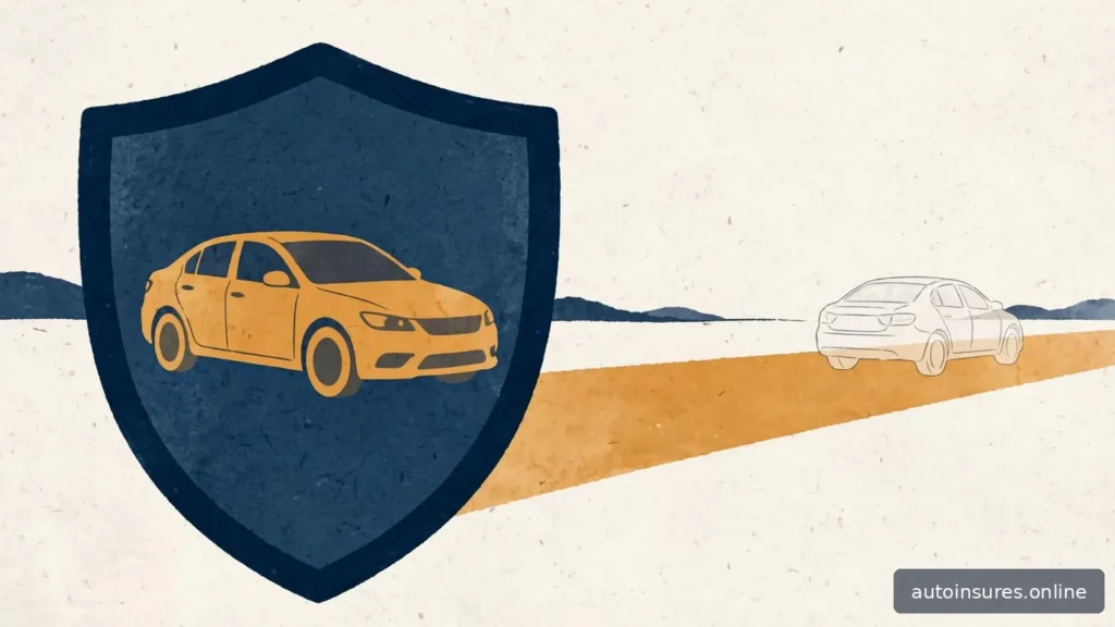 Editorial illustration of a car protected inside a shield with a faded car silhouette driving away, navy and amber palette