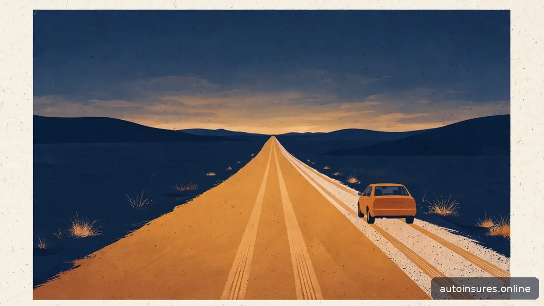 Editorial illustration of an empty road at dusk with a single parked car and fading tire marks, navy and amber palette