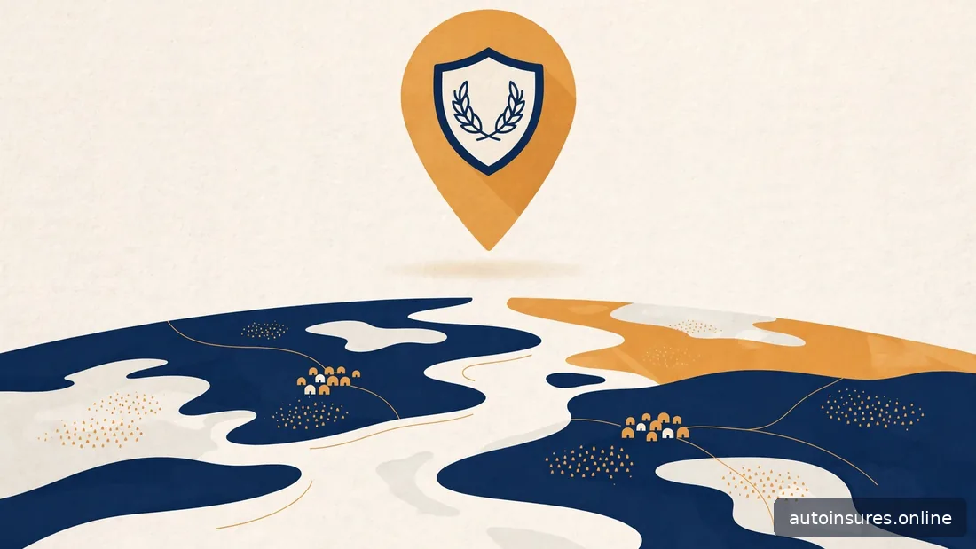 Editorial illustration of a map pin with a shield emblem over abstract map shapes, navy and amber palette