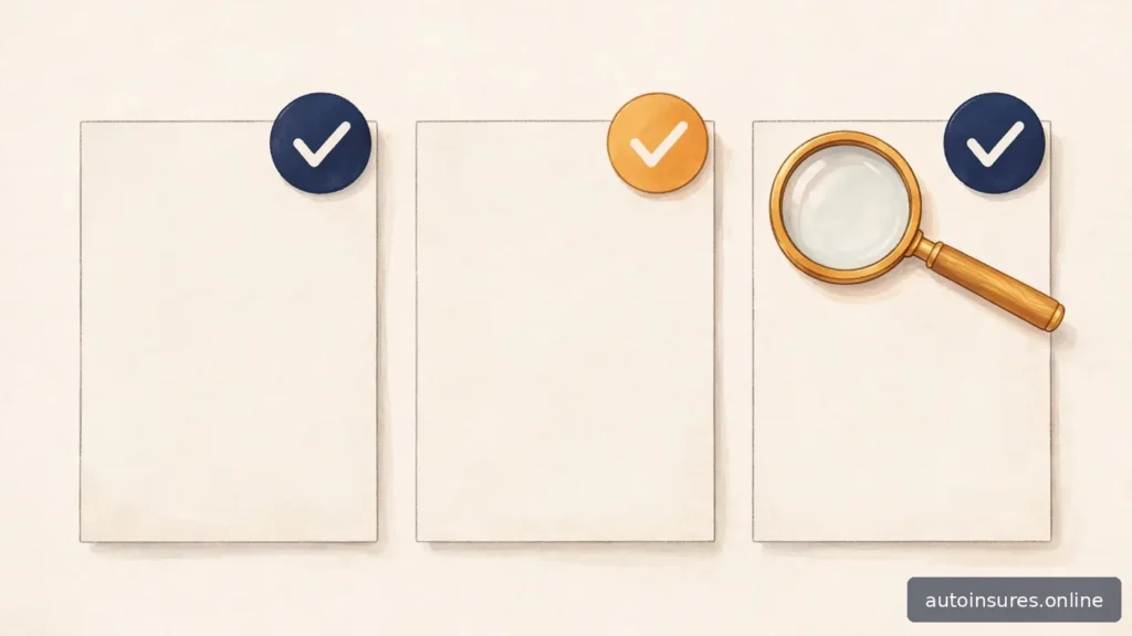 Editorial illustration of three blank document pages with checkmarks and a magnifying glass, navy and amber palette