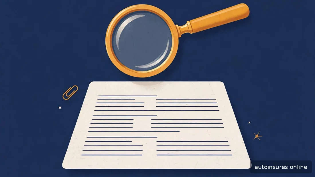 Editorial illustration of a magnifying glass over a blank document page with section lines, navy and amber palette