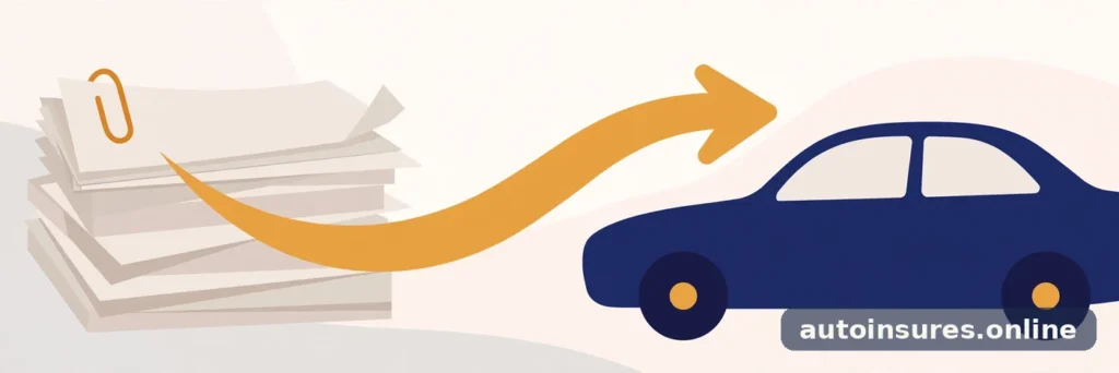 Editorial illustration of a generic sedan beside a stack of insurance documents with a curved arrow showing a policy switch, in deep navy and warm amber tones
