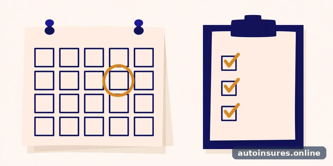 Editorial illustration of a wall calendar with a circled renewal date and a checklist beside it, in deep navy and warm amber tones