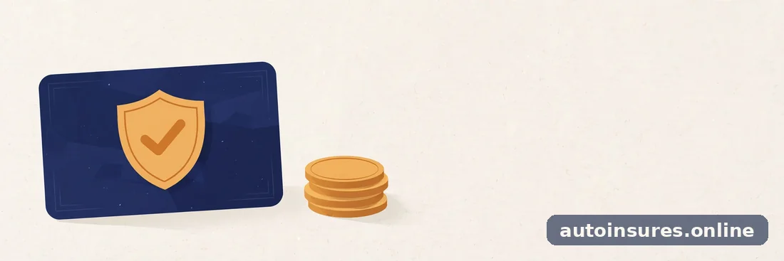 Editorial illustration of an insurance ID card with a shield and checkmark beside a stack of coins, in deep navy and warm amber tones