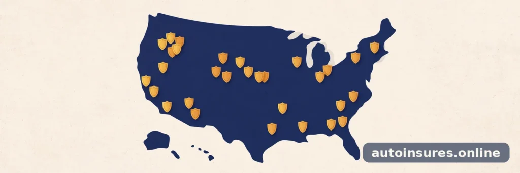 Editorial illustration of an abstract United States map dotted with small shield icons representing state insurance minimums, in deep navy and warm amber tones