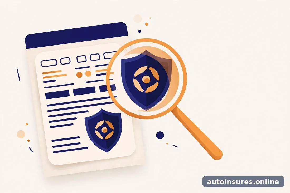 Editorial illustration of an abstract insurance declarations page with a magnifying glass over a shield emblem, in deep navy and warm amber tones