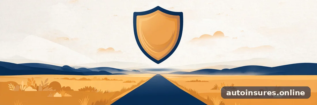 Editorial illustration of a road stretching toward a horizon with a large protective shield overhead, in deep navy and warm amber tones