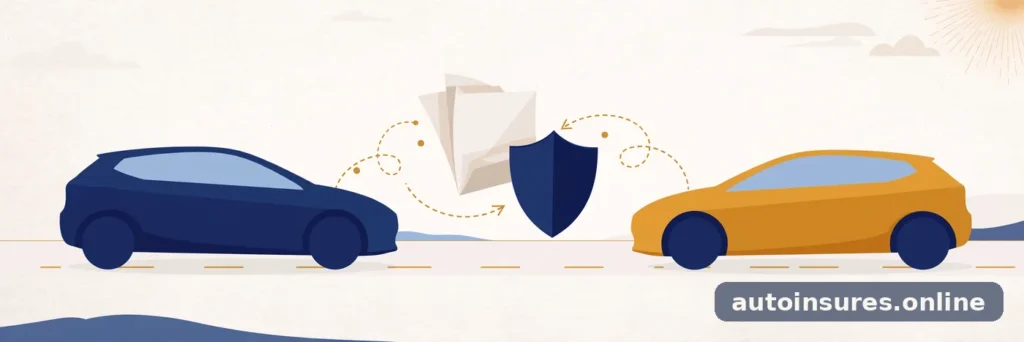 Editorial illustration of two generic cars on a road with a document and shield passing between them, showing a claim flow, in deep navy and warm amber tones