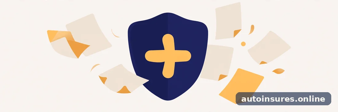 Editorial illustration of a shield with an abstract medical cross, surrounded by soft document shapes, in deep navy and warm amber tones