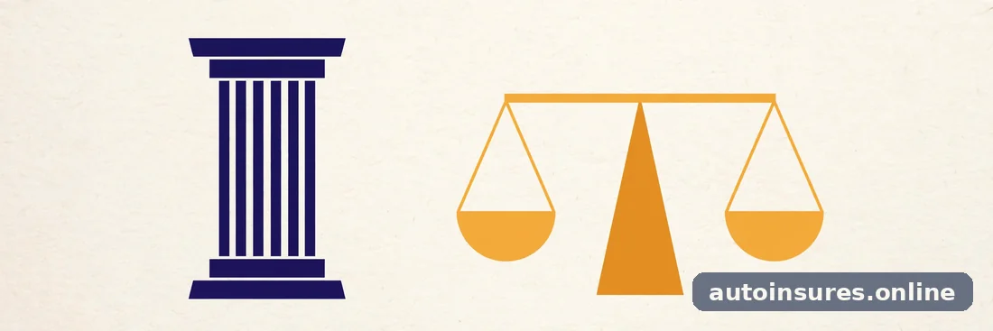 Editorial illustration of an abstract courthouse column and balanced scales rendered as simple shapes, in deep navy and warm amber tones