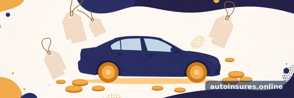 Editorial illustration of discount tags and coins arranged around a generic car, in deep navy and warm amber tones