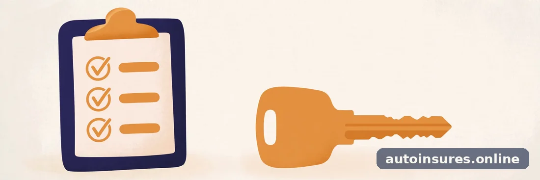 Editorial illustration of a clipboard checklist with checkmarks beside a car key, in deep navy and warm amber tones