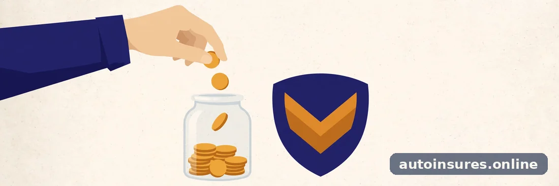 Editorial illustration of a hand placing coins into a jar beside a shield emblem, in deep navy and warm amber tones