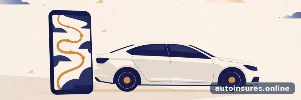 Editorial illustration of a smartphone displaying an abstract route map beside a generic car, in deep navy and warm amber tones