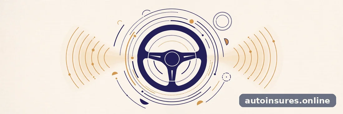 Editorial illustration of a steering wheel surrounded by abstract data rings and signal waves, in deep navy and warm amber tones