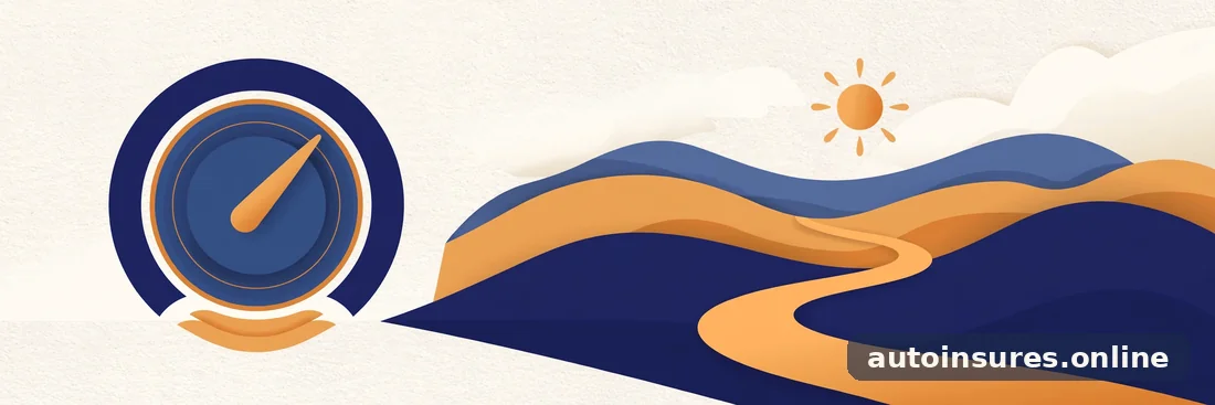Editorial illustration of an abstract speedometer dial without numbers beside a winding road, in deep navy and warm amber tones