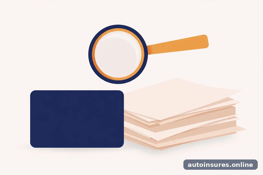 Editorial illustration of an abstract credit card and documents with a magnifying glass, no readable text, in deep navy and warm amber tones
