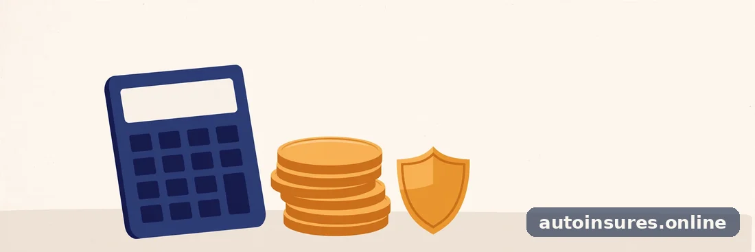 Editorial illustration of a calculator beside stacked coins and a shield, in deep navy and warm amber tones