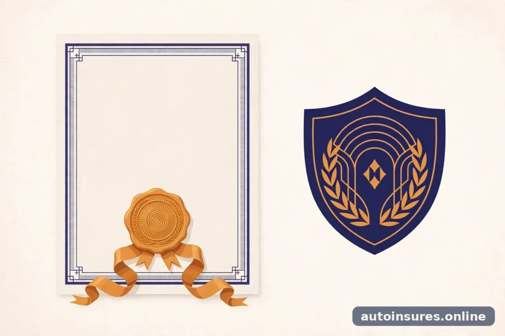 Editorial illustration of an official certificate document with a seal and ribbon beside a shield, in deep navy and warm amber tones