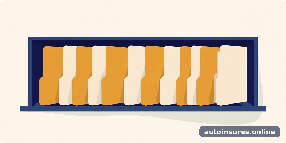 Editorial illustration of a filing cabinet drawer with organized document folders, in deep navy and warm amber tones