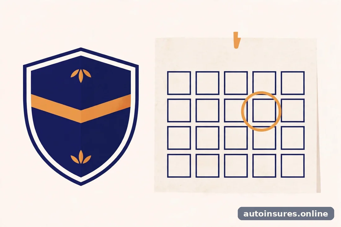 Editorial illustration of a shield beside a calendar with a circled date, in deep navy and warm amber tones