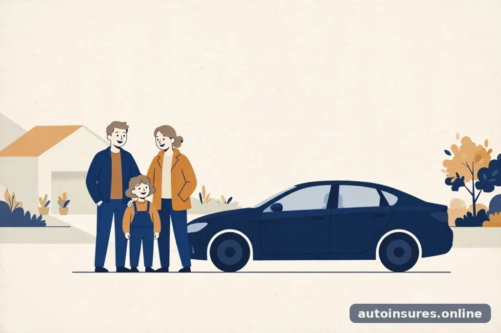 Editorial illustration of a family with a generic sedan in a driveway at daylight, in deep navy and warm amber tones