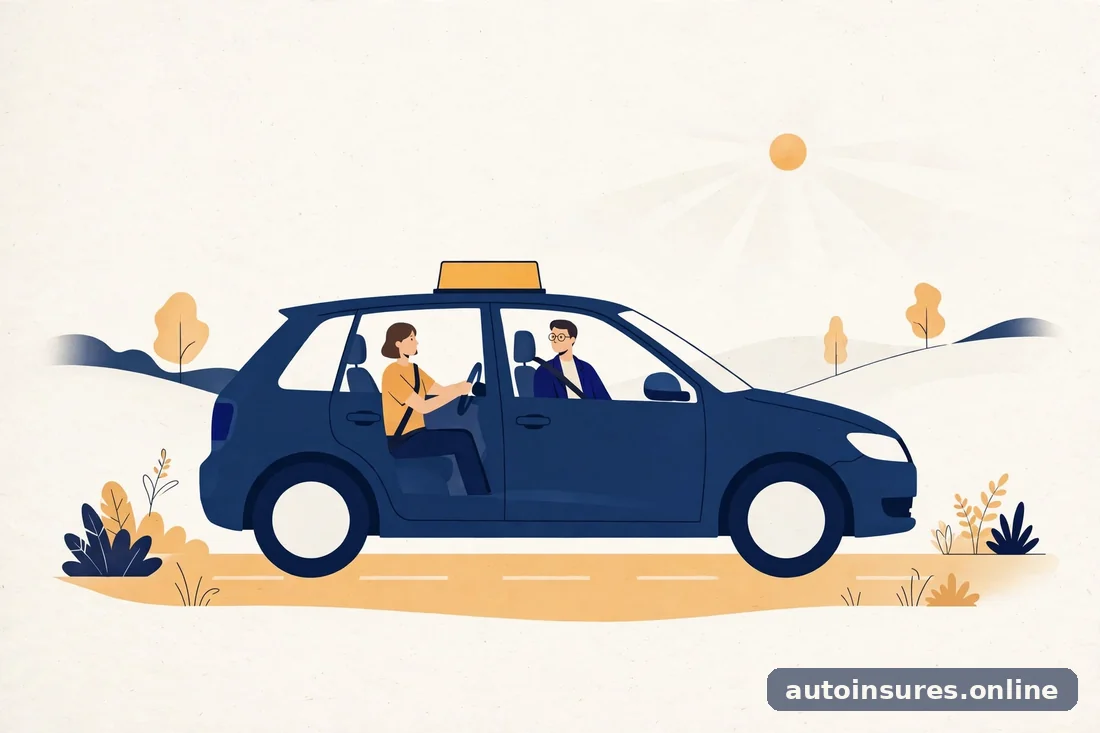 Editorial illustration of a learner driver scene with an instructor figure and a generic car with a rooftop sign shape, in deep navy and warm amber tones