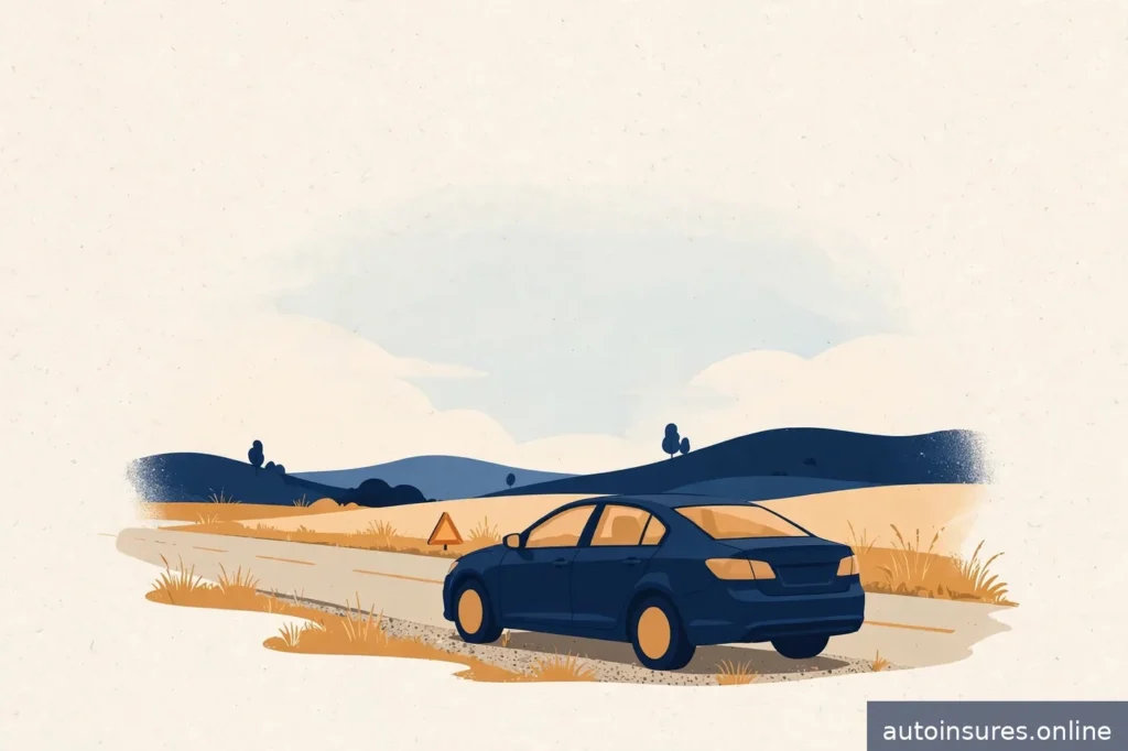 Editorial illustration of a generic sedan parked safely on a quiet road with a hazard warning triangle placed behind it, deep navy and warm amber tones