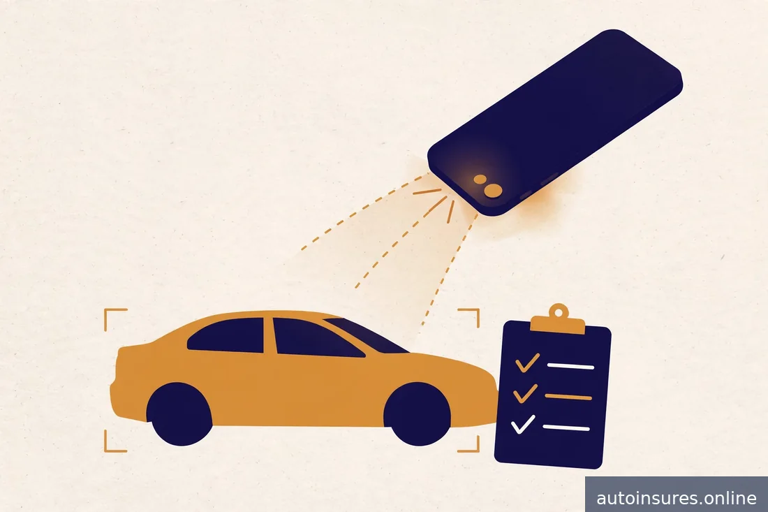 Editorial illustration of a smartphone capturing photos of an undamaged generic sedan at golden hour, checklist motif beside it