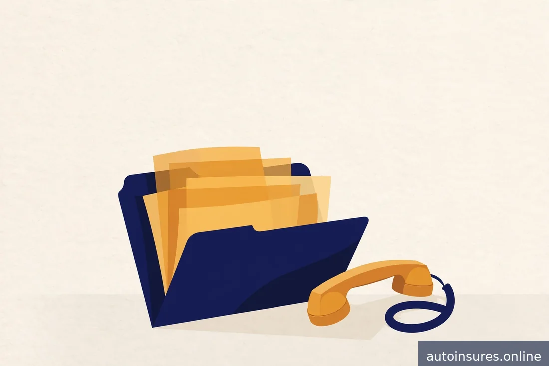 Editorial illustration of a claims folder and telephone handset on a warm paper background with navy accents