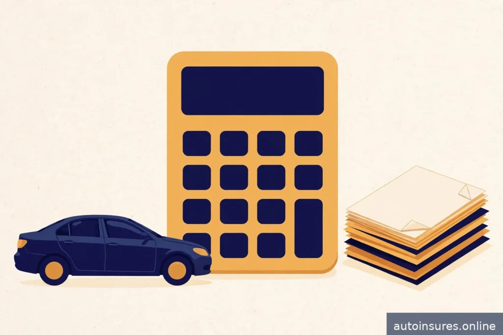 Editorial illustration of a generic sedan beside an oversized calculator and abstract loan documents, deep navy and warm amber palette