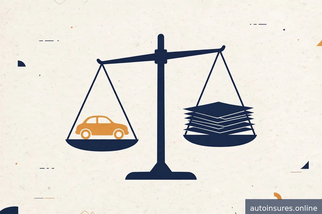 Editorial illustration of an abstract balance scale weighing a small car silhouette against loan document shapes, navy and amber tones